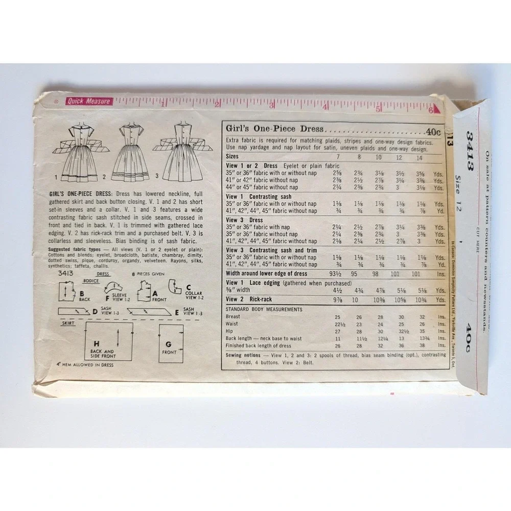 UC/FF Simplicity 3413 Girls Dress Sewing Pattern Size 12 VTG